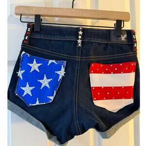 American Eagle Hi Rise Shortie Denim Shorts Patriotic Studded Flag Pockets 0